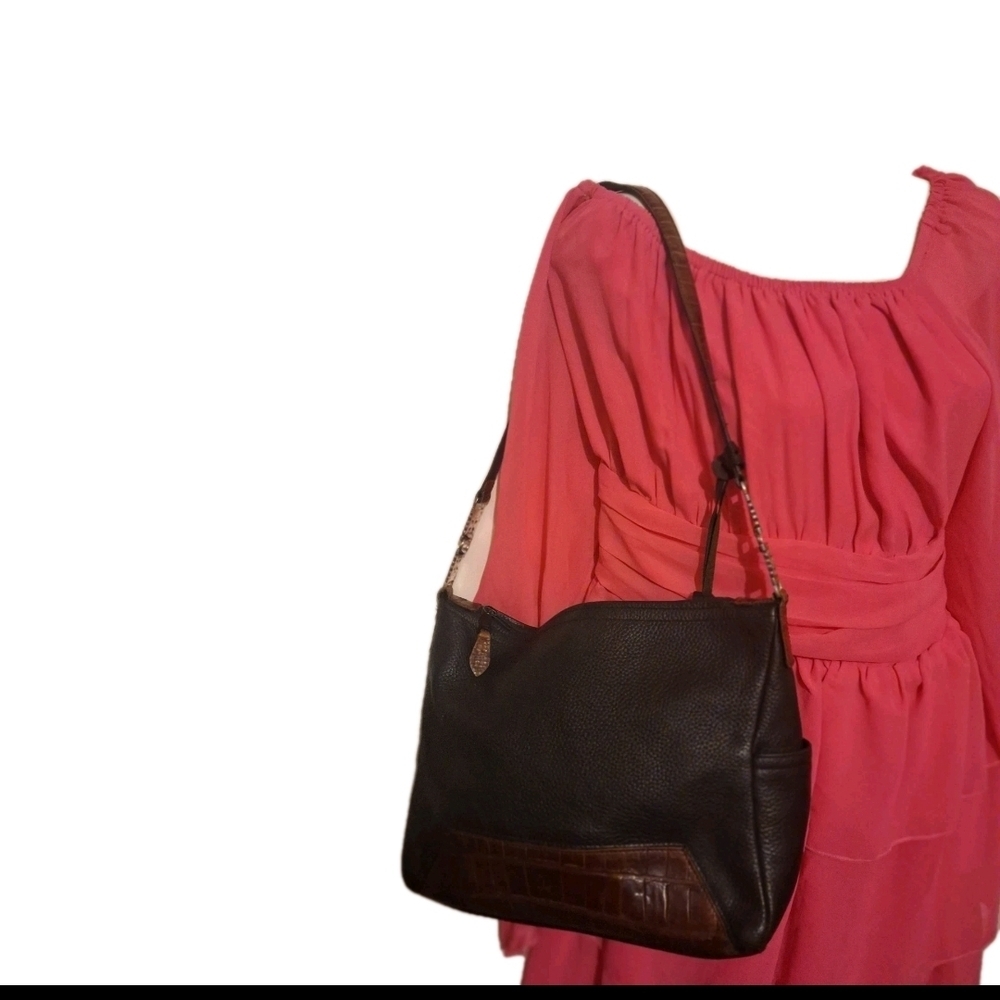 Brighton Blac Pebble Leather Shoulder Bag with Brown Trim